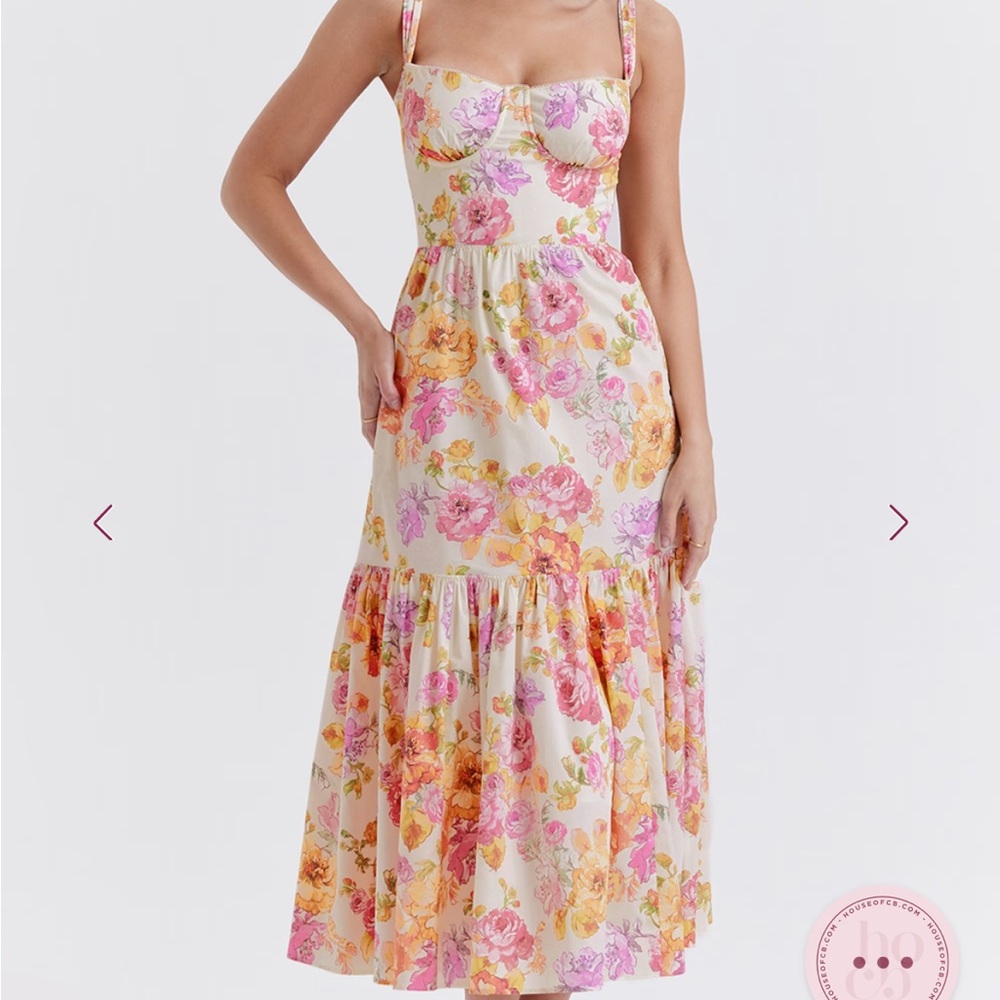 House of CB Cream Midi Dress with Pink & Yellow Floral Print